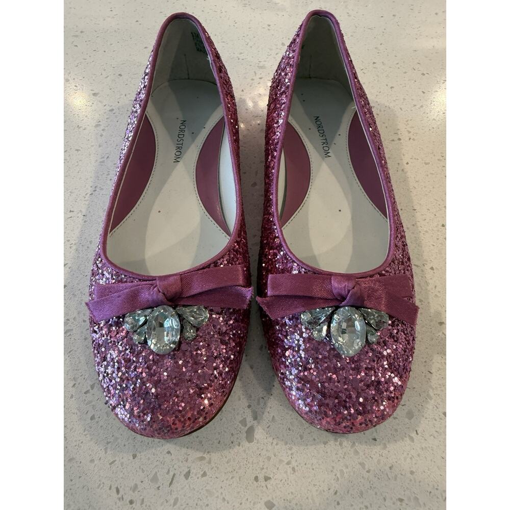 Nordstrom Girls Pink Glitter With Jewels Ballet Flats Little Girls Size 1‎ M